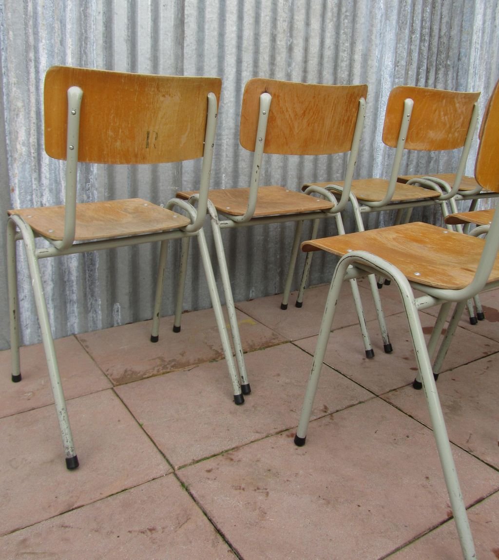 Vintage Industrial School Chairs, Set of 6 for sale at Pamono