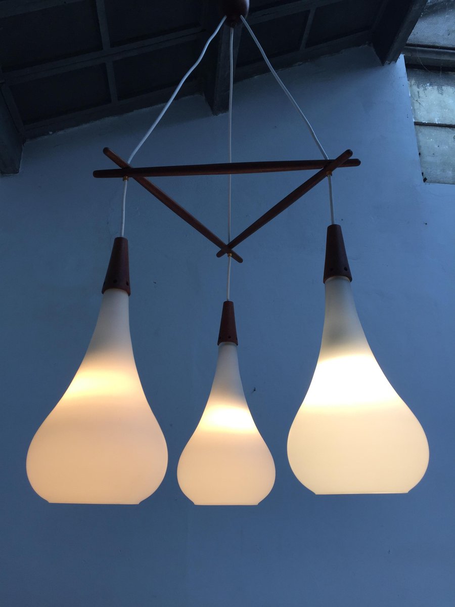 Scandinavian Teak and Frosted Glass Ceiling Light, 1960s for sale at Pamono