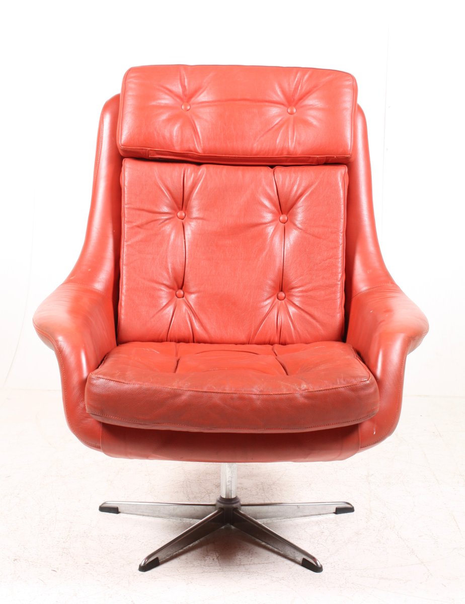 Danish Orange Leather Swivel Chair, 1972 for sale at Pamono