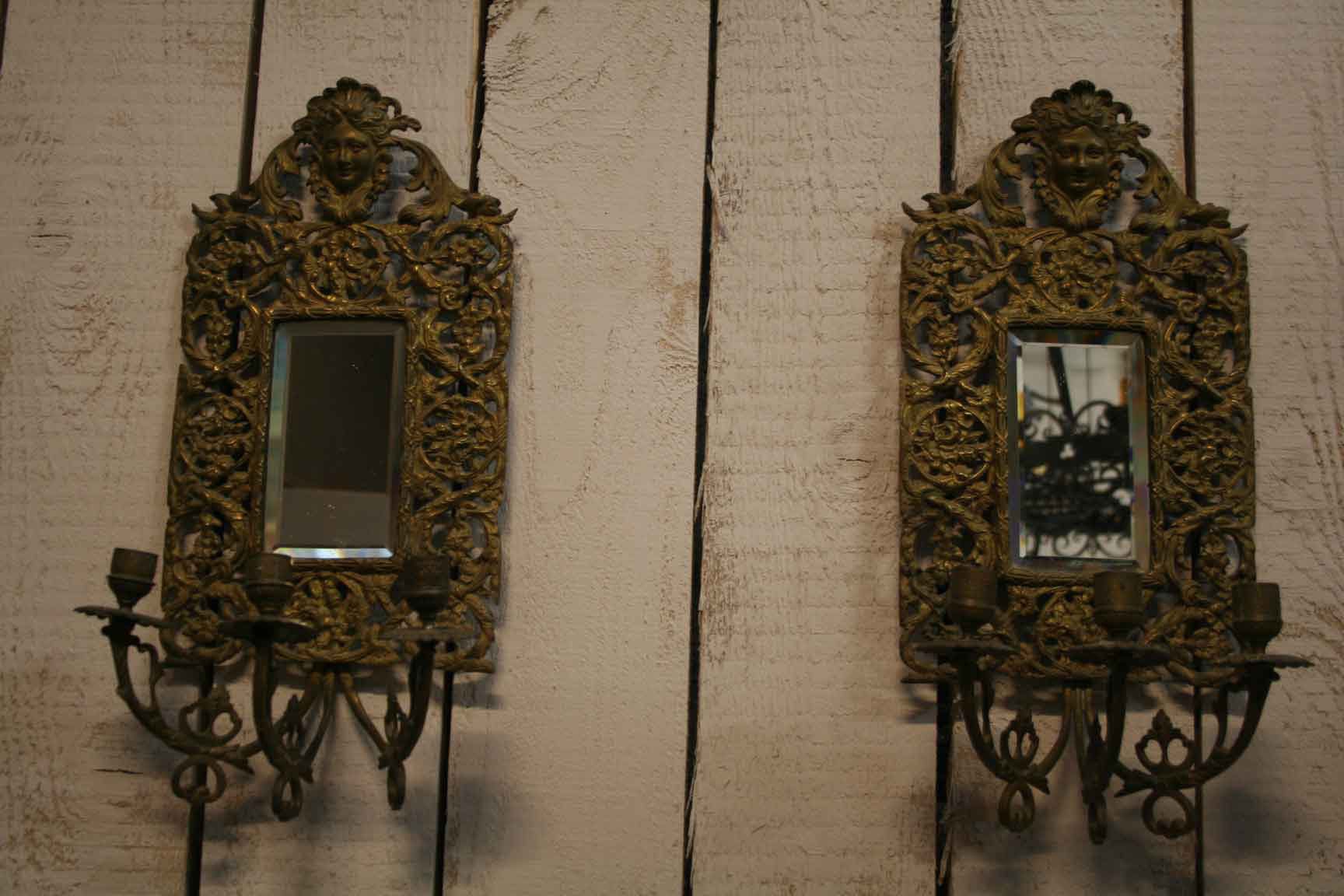 Antique Bronze Wall Mirrored Sconces, Set of 2 for sale at Pamono