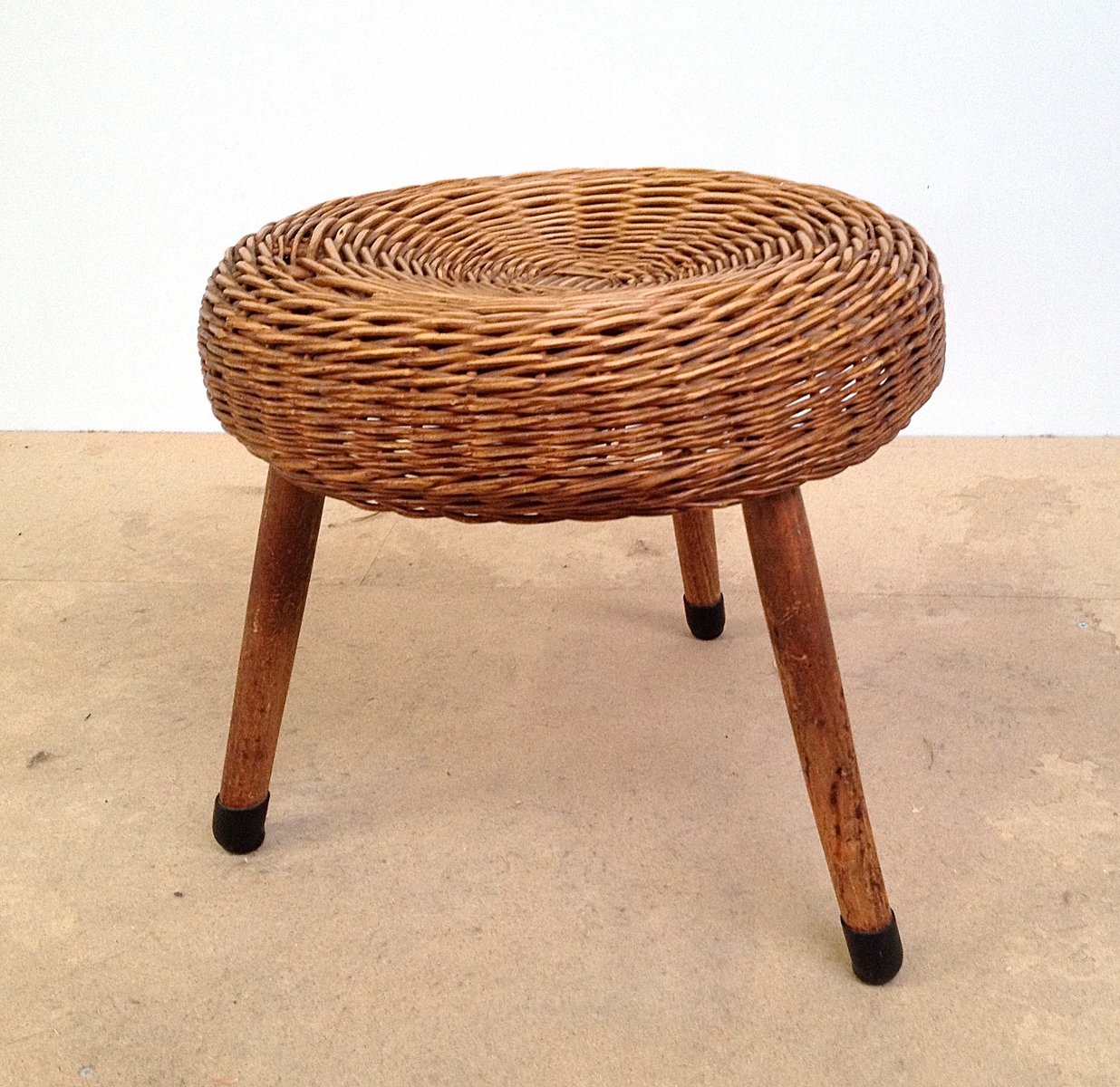 Small Three-Legged Rattan Stool for sale at Pamono