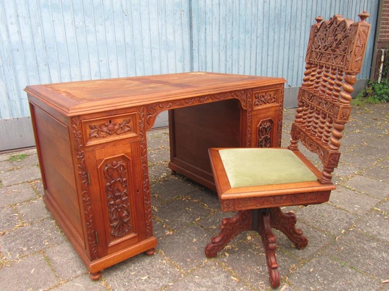 Vintage Carved Wooden Colonial Writing Desk and Chair, Set of 2 for