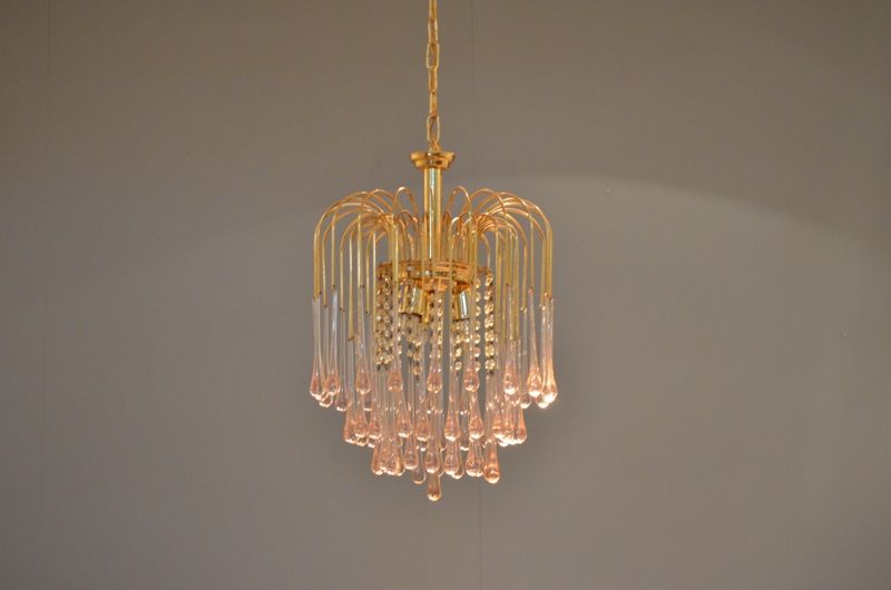 MidCentury Champagne Rosé Crystal & Gold Colored Metal Chandelier for