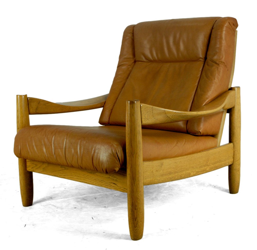 Vintage Scandinavian Leather and Oak Armchairs, Set of 2 for sale at Pamono