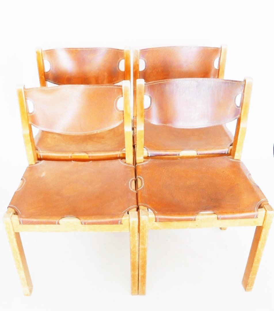 MidCentury Camel Colored Leather Dining Chairs, 1960s
