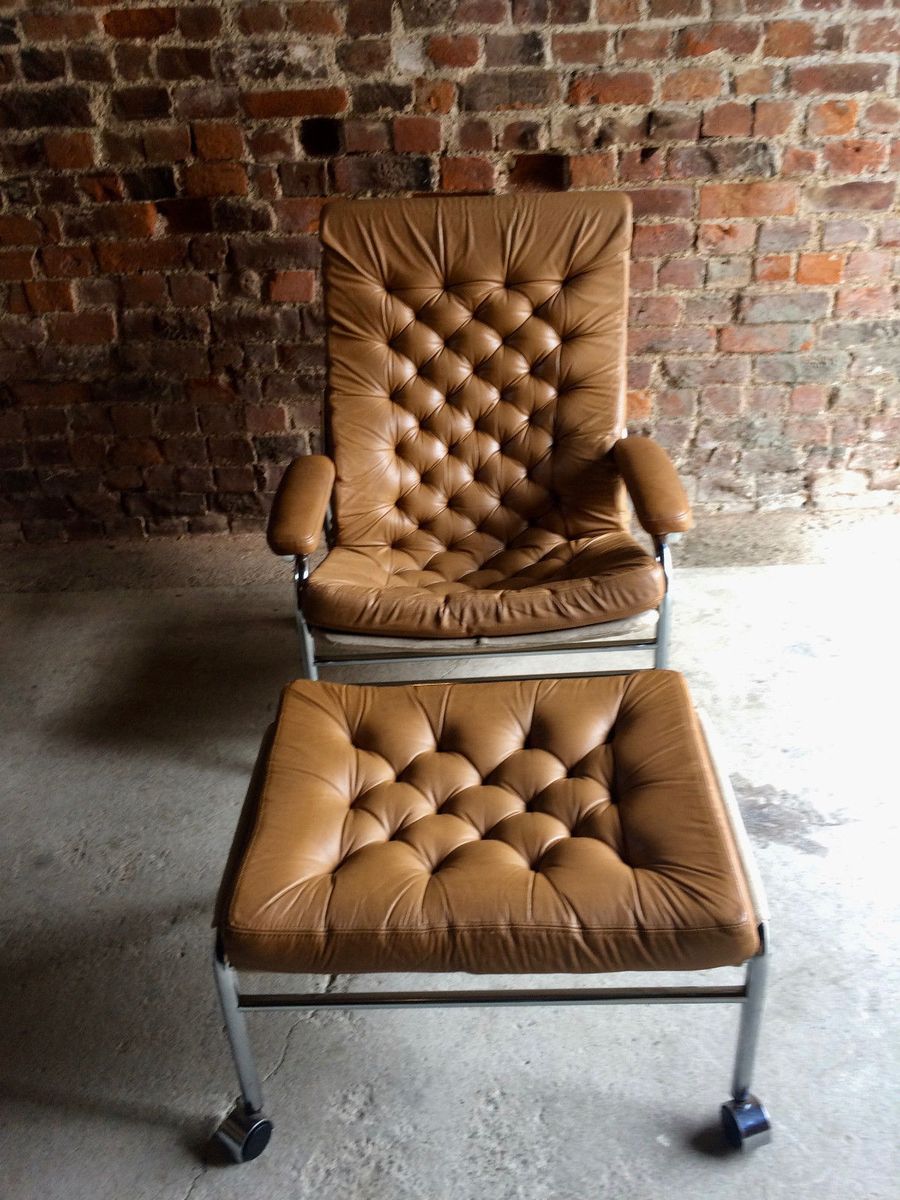 Mid Century Brown Leather Armchair Footstool En Venta Pamono 1 290 00