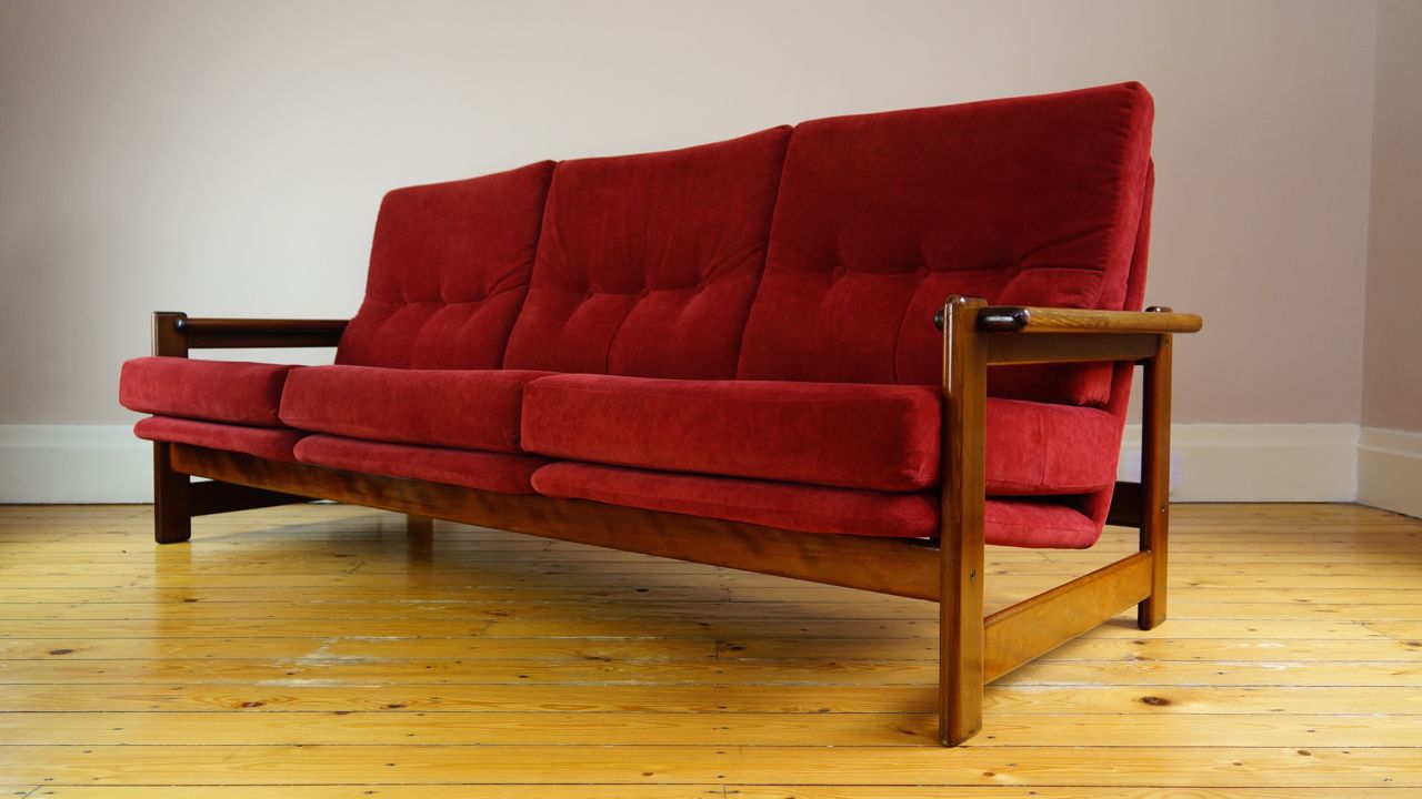 Vintage Danish Red Velvet 3 Seater Sofa for sale at Pamono